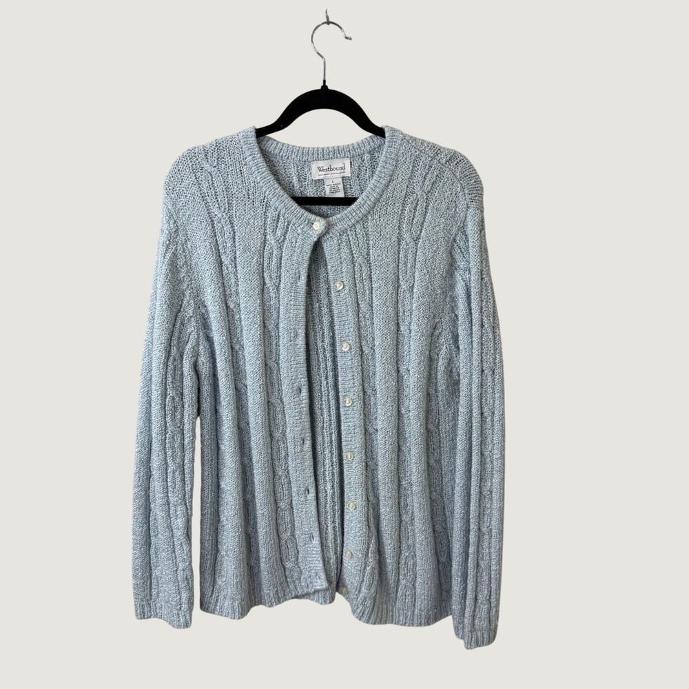 Westbound Cable Knit Cardigan Sweater Light Blue Size L Preppy Fall Layering